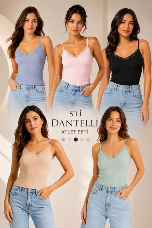 5'li Paket Kadın Pamuklu İnce Askılı Dantel Detaylı Atlet