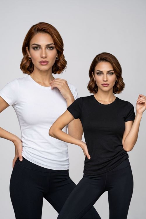 Kadın 2'li Paket Siyah Beyaz Bisiklet Yaka Kısa Kollu Pamuklu Basic Tişört
