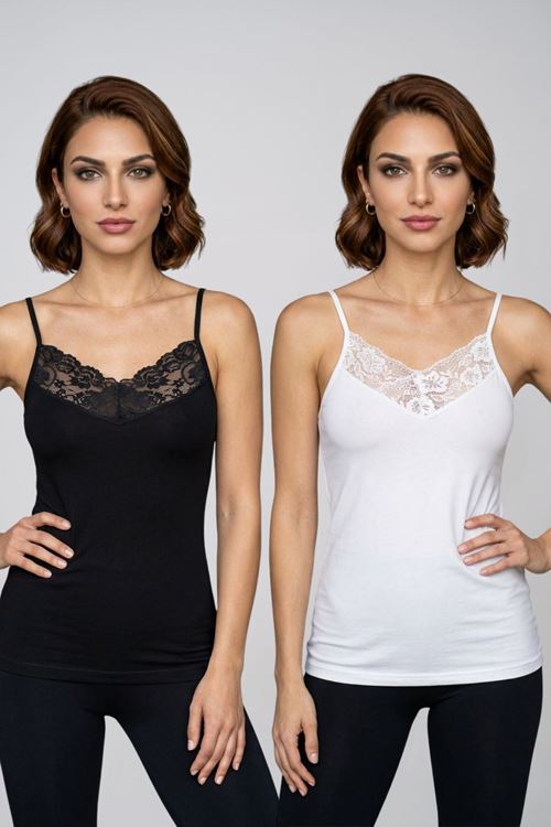 Kadın 2'li Paket V Yaka Dantelli İp Askılı Pamuklu Atlet