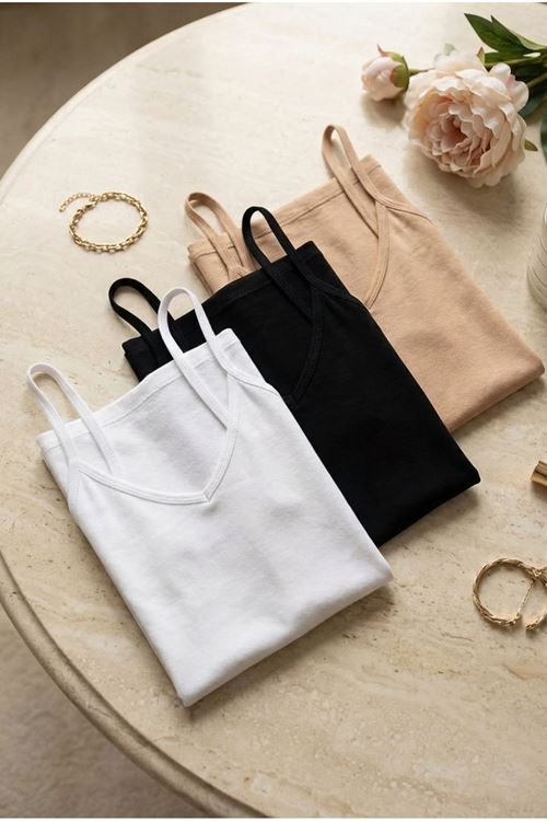3'lü Set Kadın Pamuk Modal Karışımlı V Yaka İnce Askılı Basic Atlet