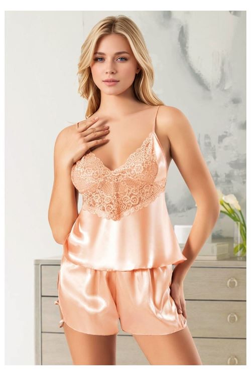 Kadın Somon Saten Şortlu Pijama Takımı