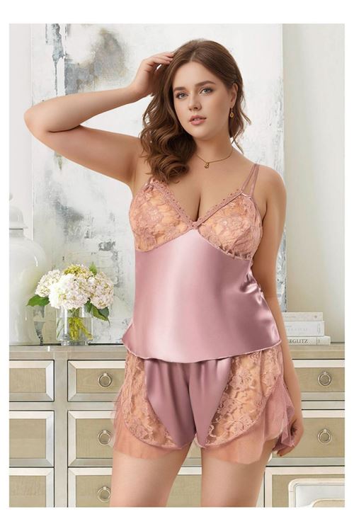 Kadın Büyük Beden Gül Kurusu Saten Şortlu Pijama Takımı