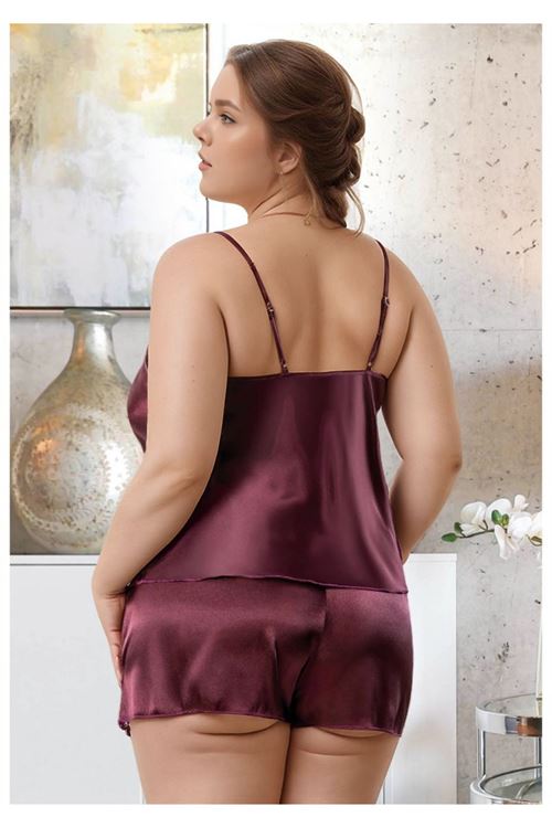 Kadın Büyük Beden Mürdüm Saten Şortlu Pijama Takımı Dantelli