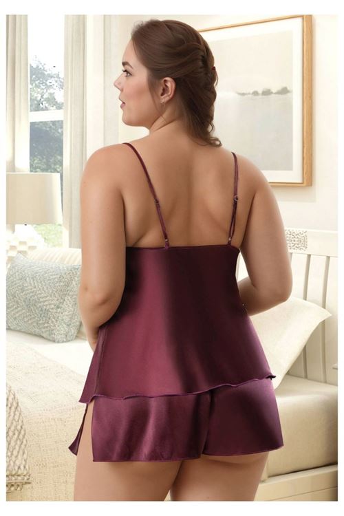 Kadın Büyük Beden Mürdüm Saten Şortlu Pijama Takımı Dantelli
