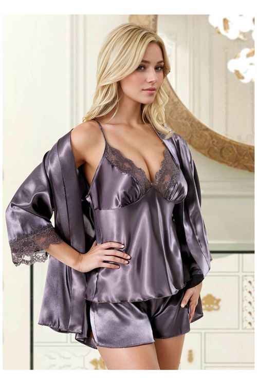 Kadın Saten 3’lü Pijama Takımı Dantel