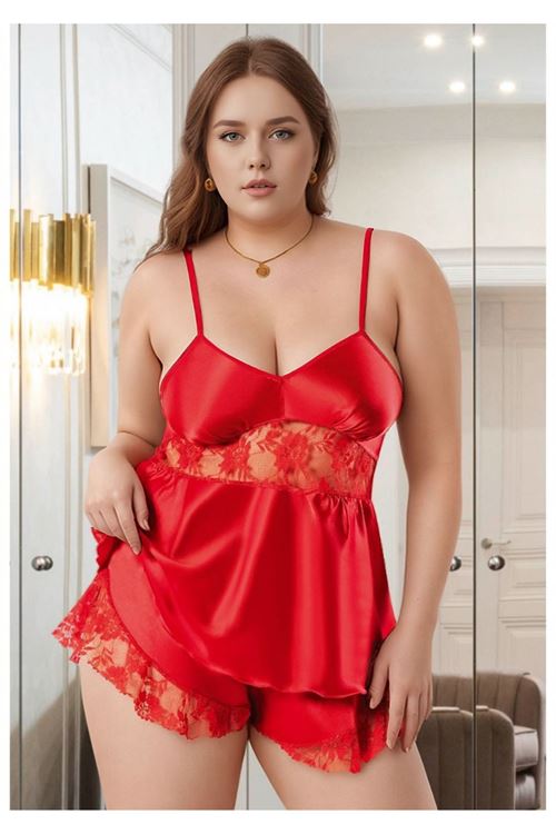 Kadın Büyük Beden Kırmızı Saten Şortlu Pijama Takımı Dantelli