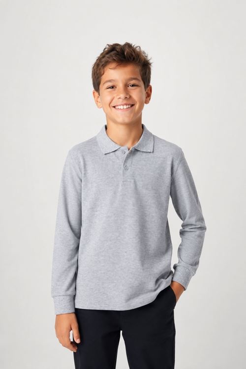 Unisex Çocuk Gri Melanj Uzun Kollu Polo Yaka Düz Basic Tişört