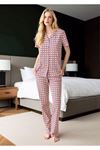 Kadın Mor Turuncu Desenli Gömlek Yaka Pijama Takımı - Önden Düğmeli Pamuklu Set