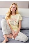 Kadın Sarı Kedili Let's Shop Baskılı Pijama Takımı - Çizgili Pantolonlu Pamuklu Set
