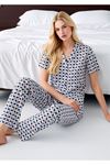 Kadın Düğmeli Gömlek Yaka Pijama Takımı - Geometrik Desenli Kısa Kollu Set