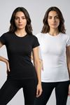 Kadın 2'li Paket Bisiklet Yaka Kısa Kollu Basic Tişört Pamuklu Esnek Dar Kalıp Günlük T-Shirt Seti