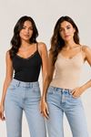2'li Paket Kadın Pamuklu İnce Askılı Dantel Detaylı Bisiklet Yaka Ribana Esnek Atlet Günlük Rahat İç Giyim İkili Set