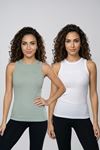 Kadın 2'li Paket Pamuklu Kaşkorse Kalın Askılı Bisiklet Yaka Önü Yazı Baskılı Esnek Dar Kesim Slim Fit Spor ve Günlük Atlet Seti