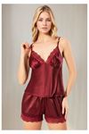 Kadın Bordo Saten Şortlu Pijama Takımı Dantel İşlemeli Askılı Ev Giyimi