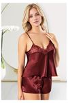 Kadın Bordo Saten Şortlu Pijama Takımı Dantel İşlemeli Askılı Ev Giyimi