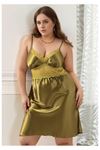 Kadın Haki Büyük Beden Saten Gecelik - Göğsü Güpürlü Plus Size Ev Giyimi