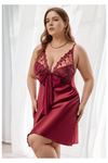 Büyük Beden Saten Gecelik - Bordo Nakış İşlemeli ve Fiyonk Detaylı Plus Size Gecelik