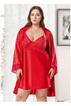 Büyük Beden Saten Gecelik Sabahlık Takımı - Kırmızı Dantelli 2'li Plus Size