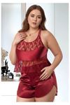Kadın Büyük Beden Bordo Saten Şortlu Pijama Takımı Sırtı Dantelli