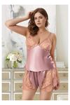 Kadın Büyük Beden Gül Kurusu Saten Şortlu Pijama Takımı Dantelli Tüllü