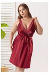 Kadın Bordo Büyük Beden Saten Gecelik - Dantel İşlemeli Plus Size Gecelik