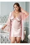 Büyük Beden Saten Gecelik Sabahlık Takımı - Pudra Pembesi Tül Detaylı 2'li Plus Size Set