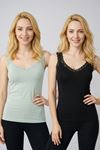 2'li Paket Kadın Kalın Askılı V Yaka Pamuklu Dantelli Atlet - Esnek Rahat Günlük İç Giyim İkili Set