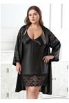 Büyük Beden Saten Gecelik Sabahlık Takımı - Siyah Dantel Detaylı 2'li Plus Size 2'li Set
