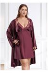 Büyük Beden Saten Gecelik Sabahlık Takımı - Mürdüm Dantel İşlemeli 2'li Plus Size Set