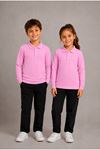 Unisex Çocuk Gri Melanj Uzun Kollu Polo Yaka Düz Basic Tişört