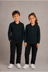 Unisex Çocuk Gri Melanj Uzun Kollu Polo Yaka Düz Basic Tişört
