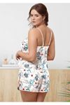 Kadın Büyük Beden Çiçek Desenli Saten Şortlu Pijama Takımı Lacivert