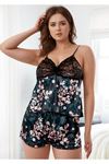 Kadın Büyük Beden Siyah Saten Şortlu Pijama Takımı Çiçek