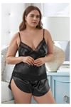 Kadın Büyük Beden Siyah Saten Şortlu Pijama Takımı Dantelli