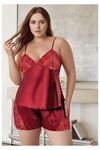 Kadın Büyük Beden Bordo Saten Şortlu Pijama Takımı Dantelli