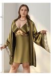 Büyük Beden Saten Gecelik Sabahlık Takımı Haki