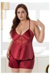 Kadın Büyük Beden Bordo Saten Şortlu Pijama Takımı Dantelli